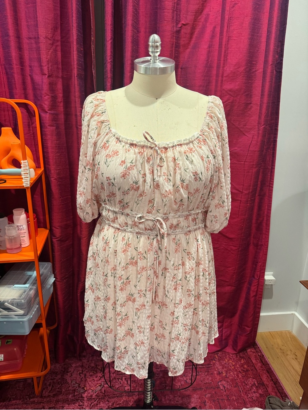 Floral Mini Dress in Pale Pink with bow details
